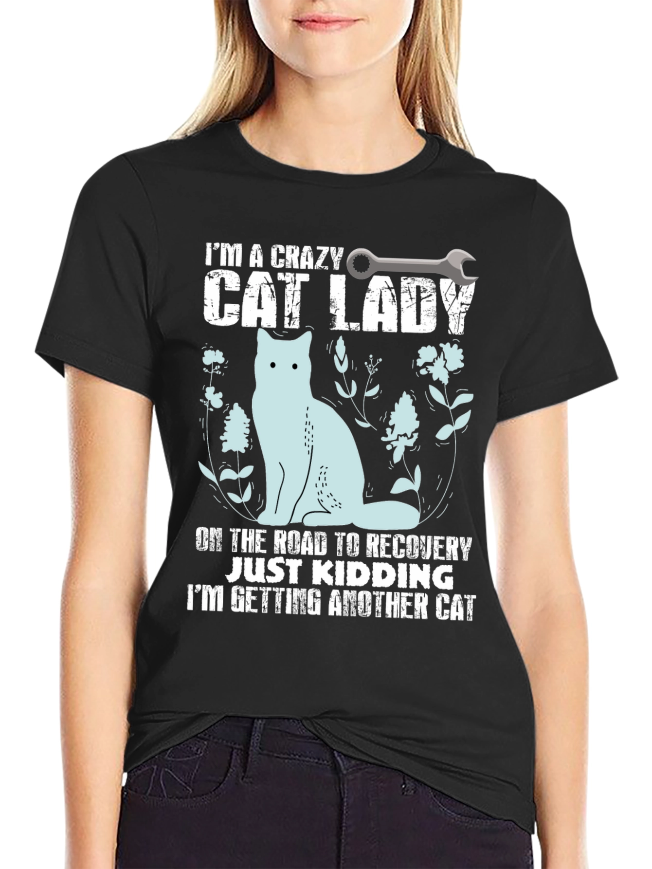 Black Crazy Cat Lady T-Shirt - Novelty Graphic Tee view 2