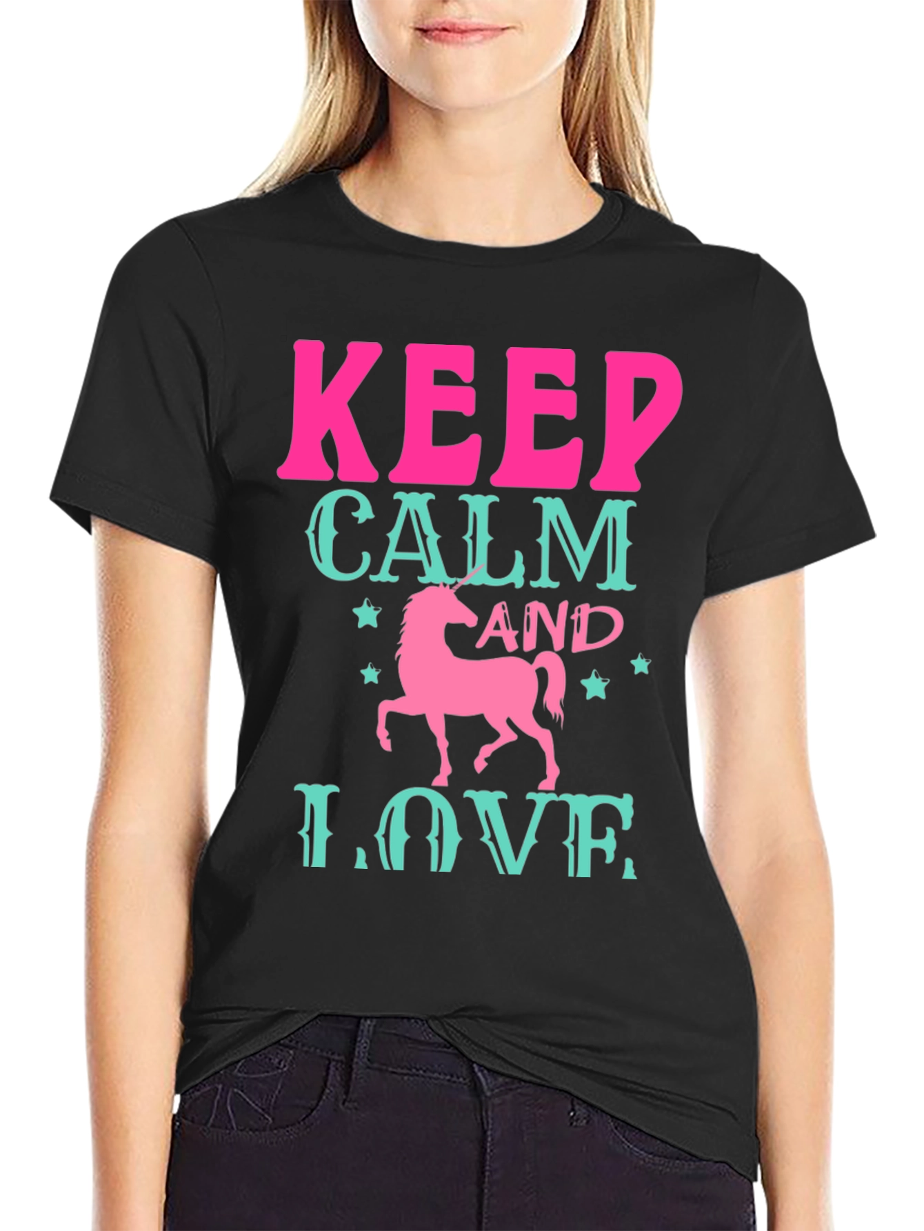 Black Keep Calm and Love Unicorn Black T-Shirt view 2