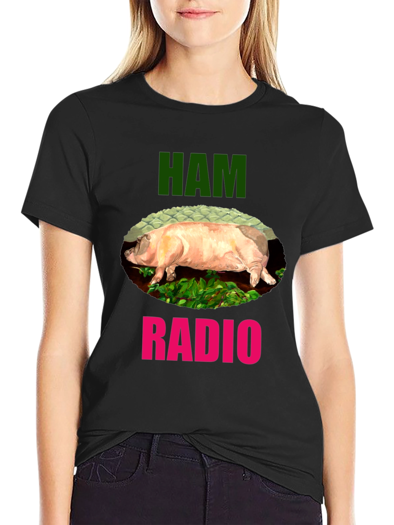 Black Ham Radio Funny Pig T-Shirt view 2