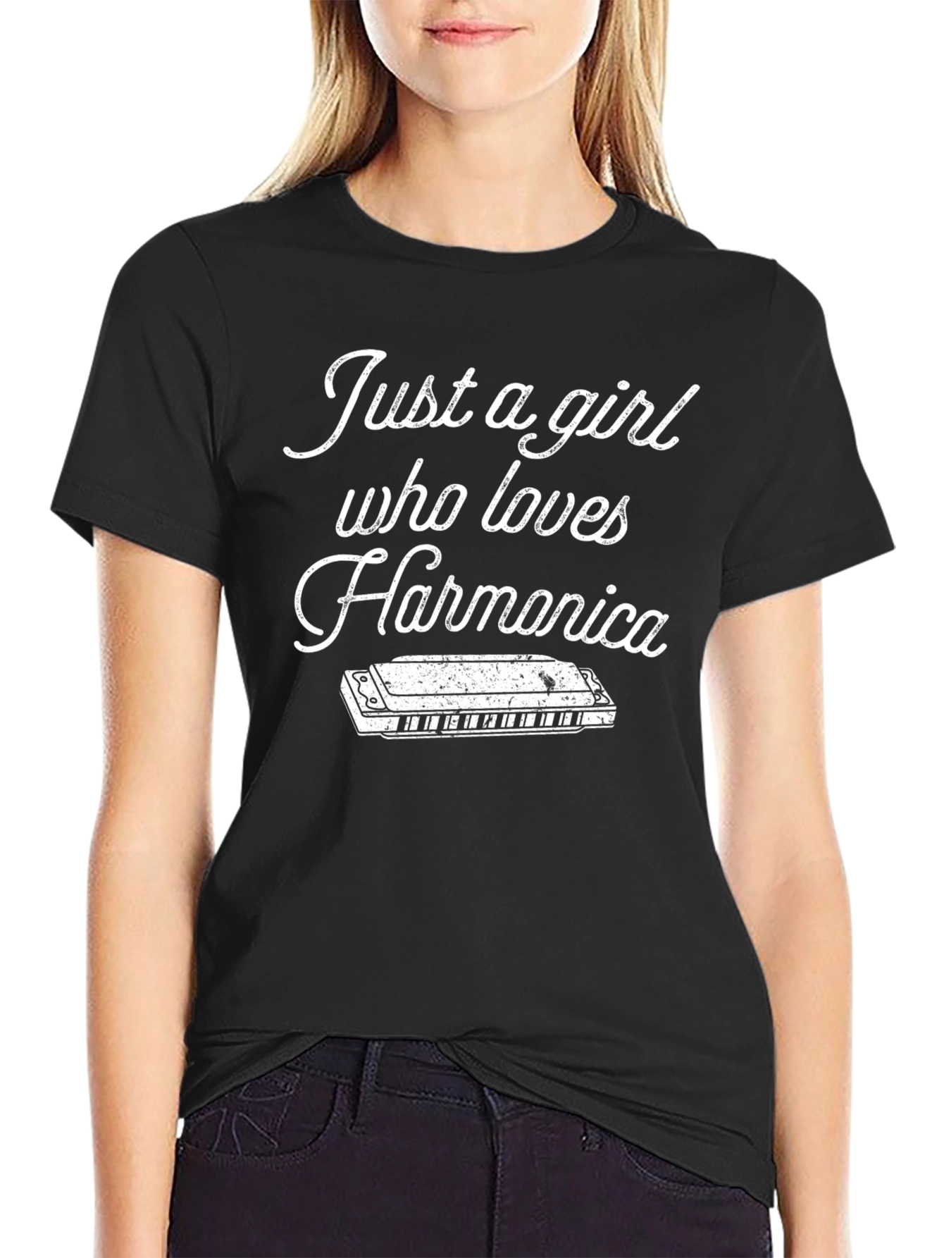 Black Harmonica Lover T-Shirt - Just A Girl Who Loves Harmonica view 2