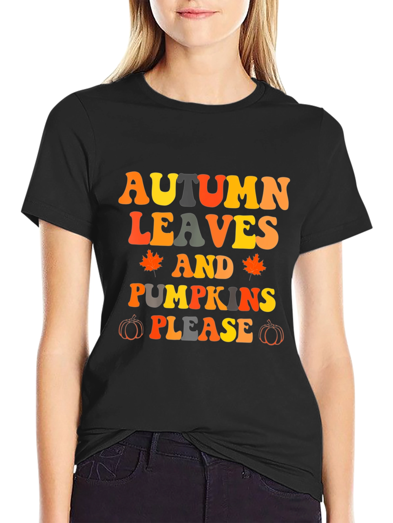Black Autumn Leaves & Pumpkins Please T-Shirt view 2