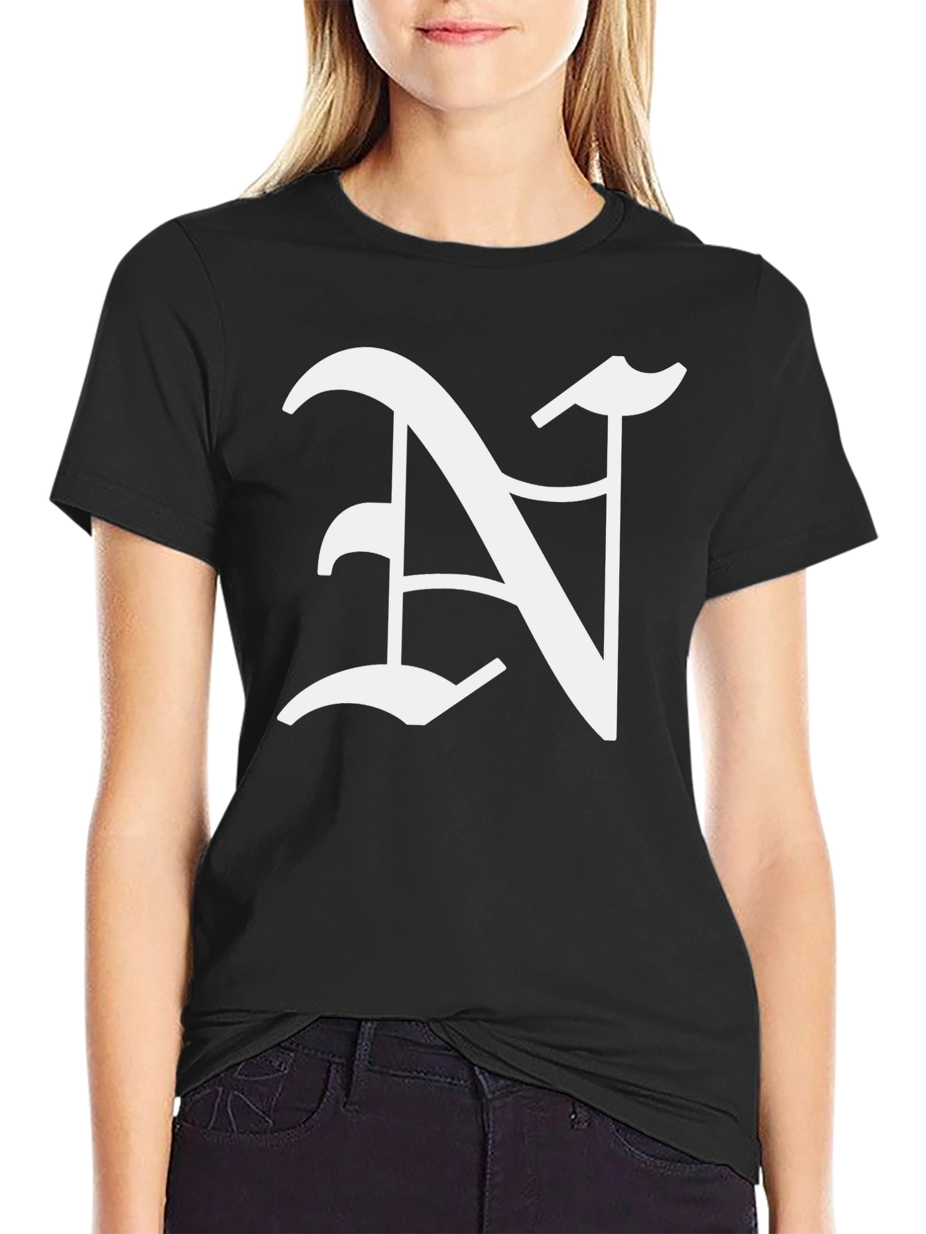 Black Black T-Shirt with White Letter N Graphic view 2