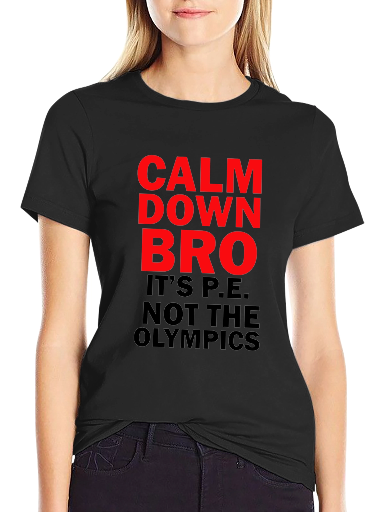 Black Calm Down Bro T-Shirt: Funny PE Teacher Tee view 2