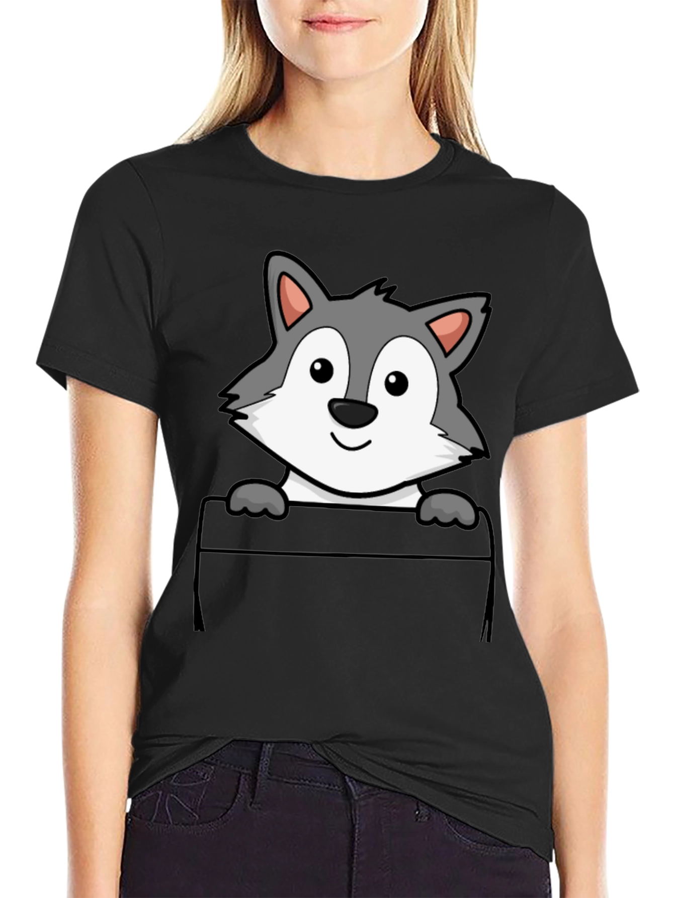 Black Cartoon Wolf Pocket Print T-Shirt view 2