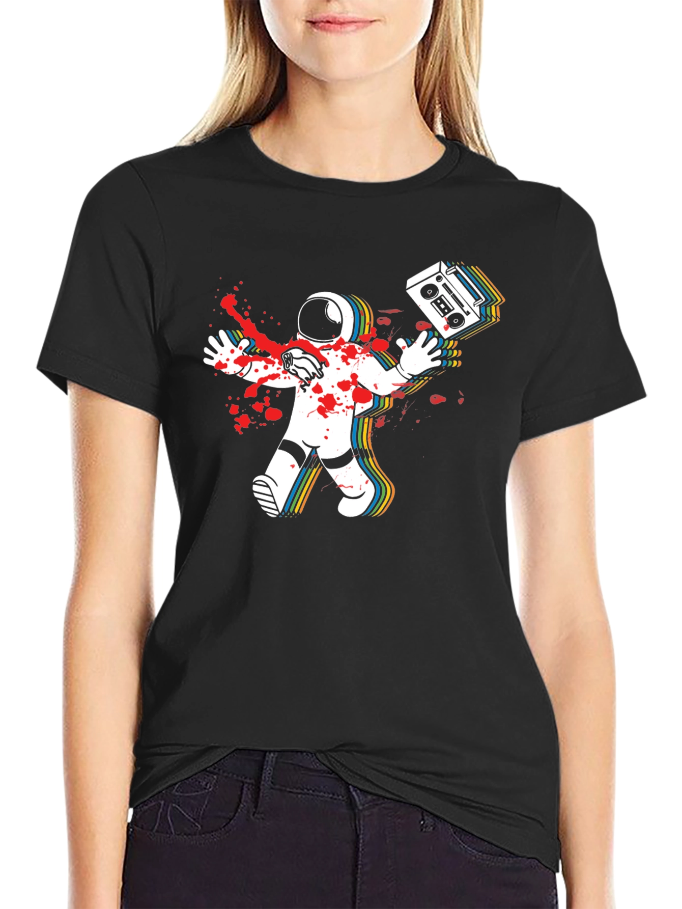 Black Astronaut Boombox Men's Black T-Shirt view 2
