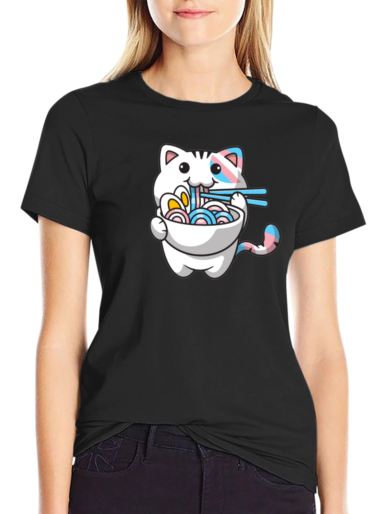 Black Cute Cat Ramen T-Shirt - Trans Pride view 2