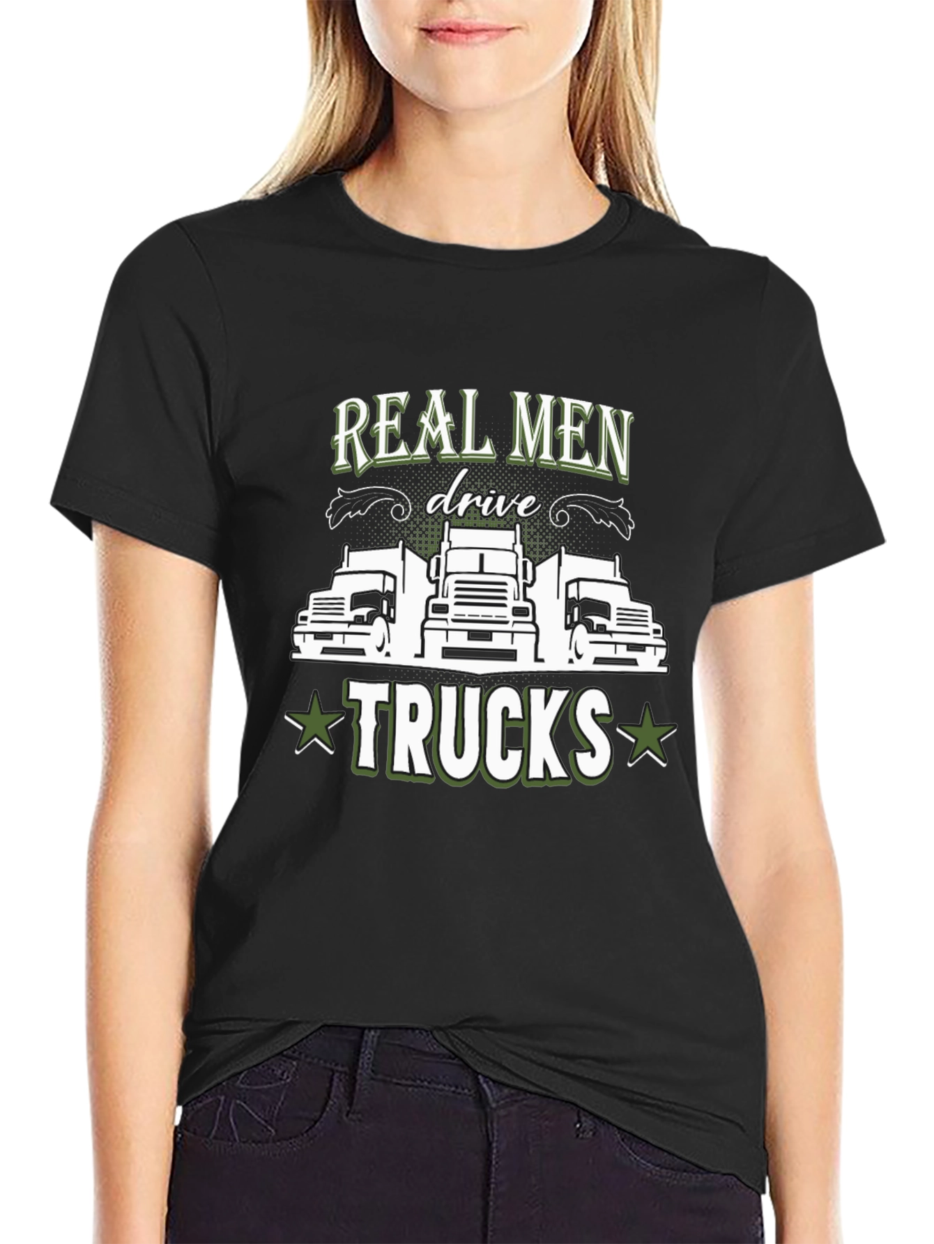 Black Real Men Drive Trucks Graphic T-Shirt view 2