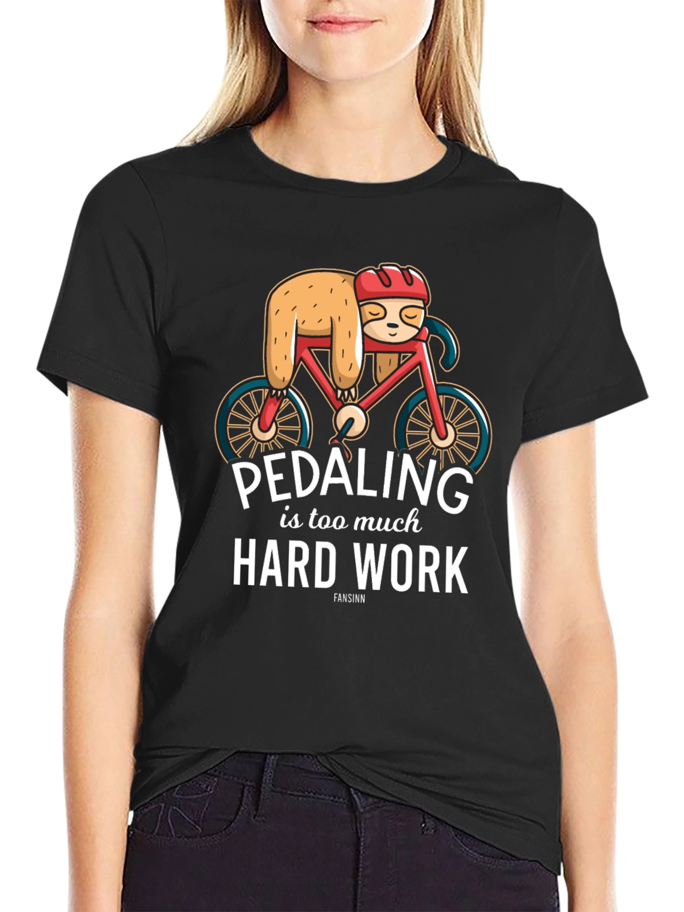Black Sloth on Bike T-Shirt - Pedaling is Too Much Hard Work view 2