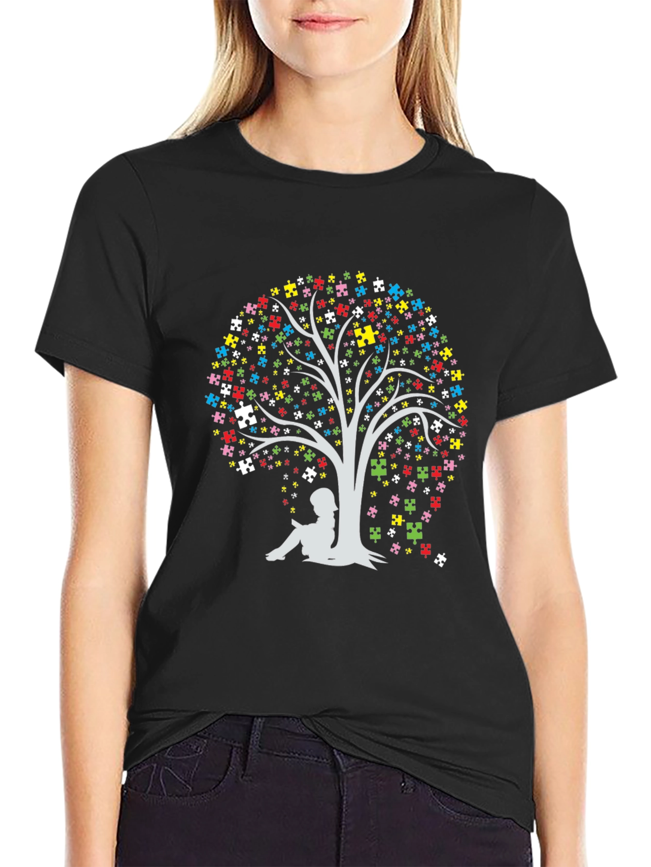 Black Autism Awareness Puzzle Tree T-Shirt view 2
