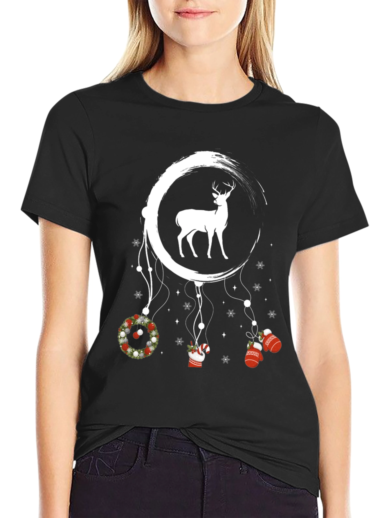 Black Festive Deer Dreamcatcher Tee view 2