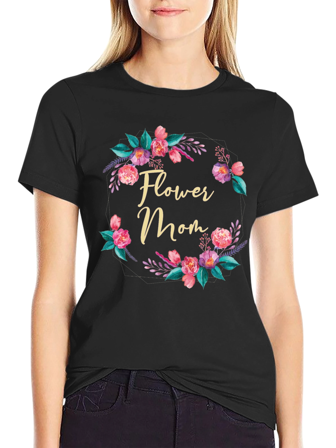 Black Flower Mom T-Shirt - Floral Wreath Design view 2