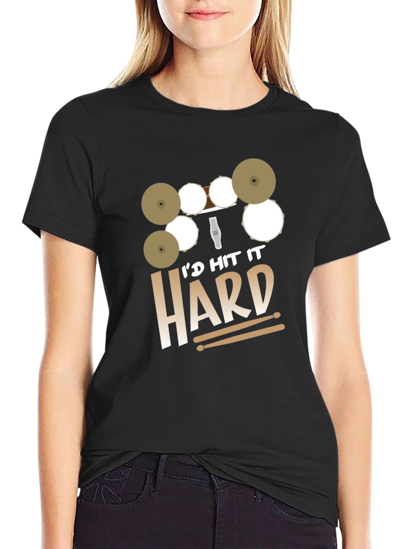 Black I'd Hit It Hard Drummer Black T-Shirt view 2
