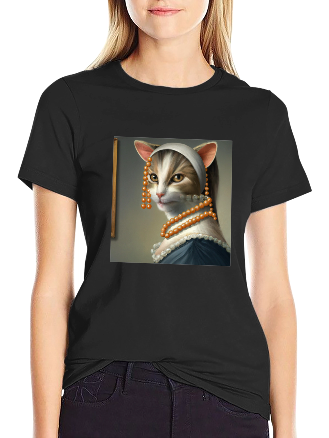 Black Cat with a Pearl Earring T-Shirt - Funny Art Tee view 2