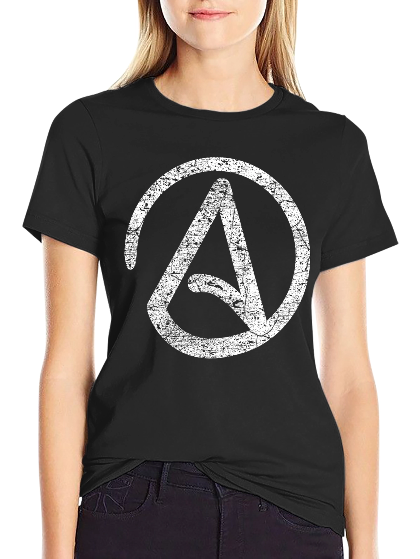 Black Distressed Atheist Symbol T-Shirt - Black view 2