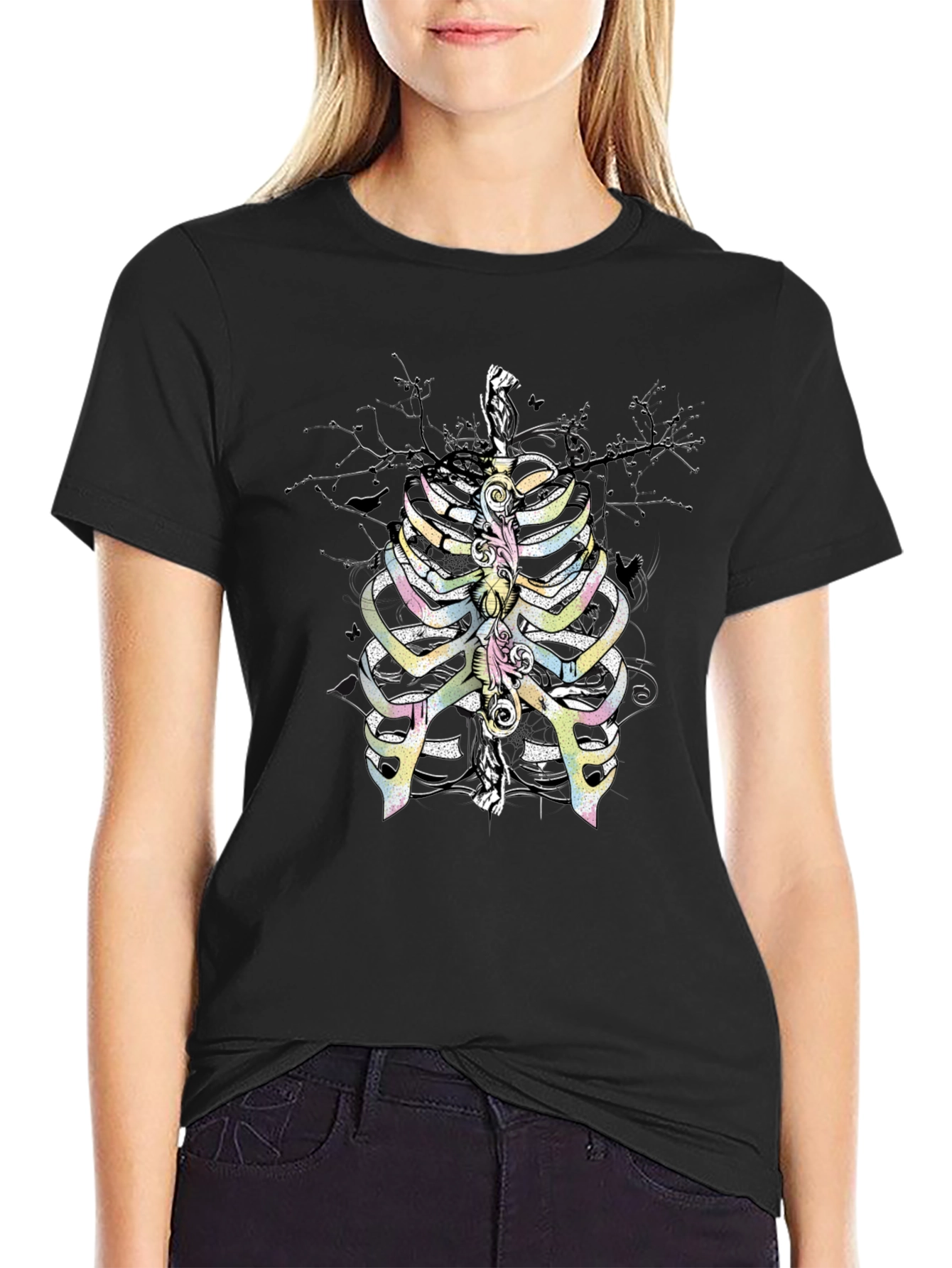 Black Rib Cage Graphic T-Shirt - Quirky Skeleton Design view 2