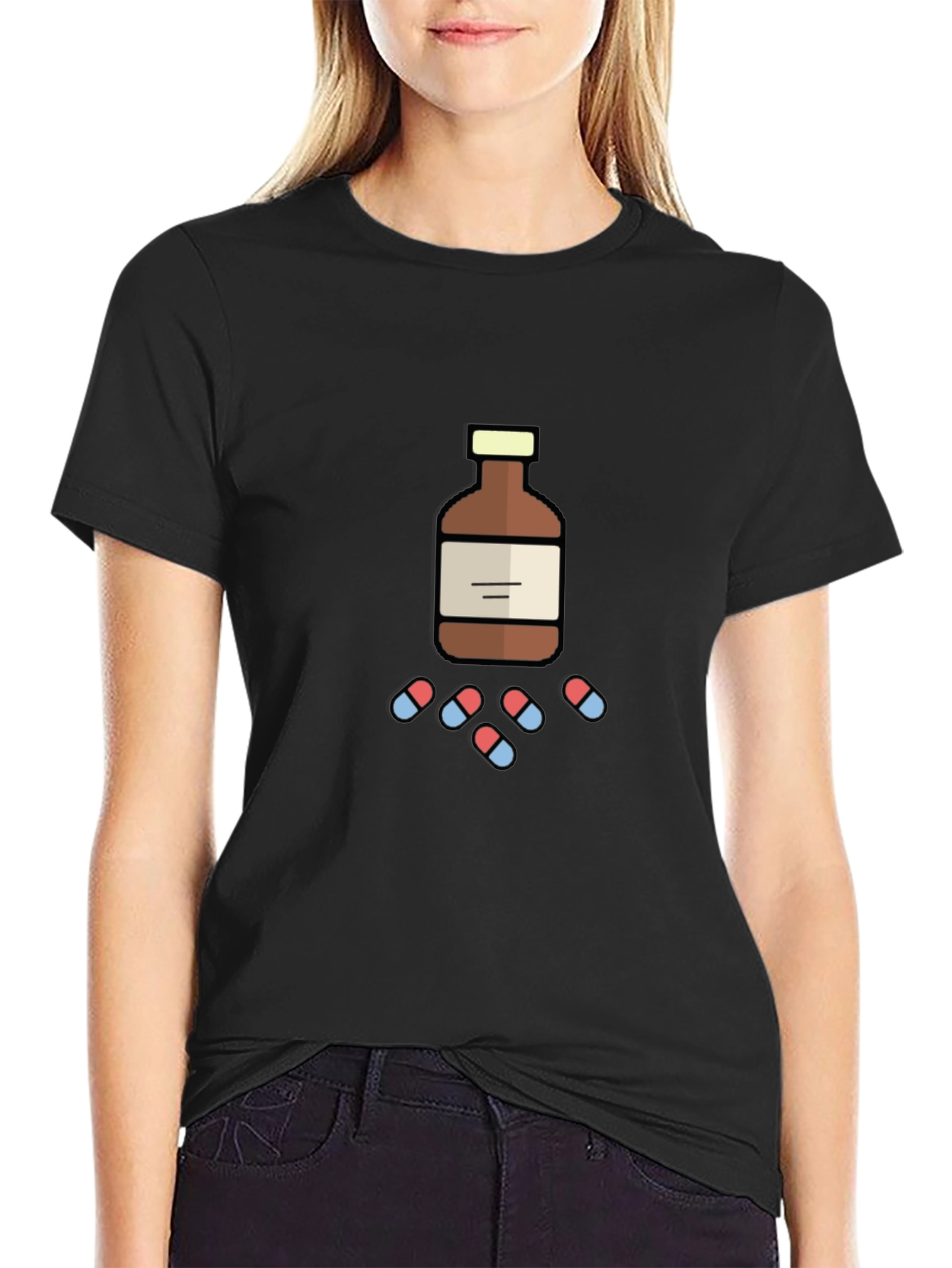 Black Novelty Medicine Bottle and Pills Graphic T-Shirt view 2