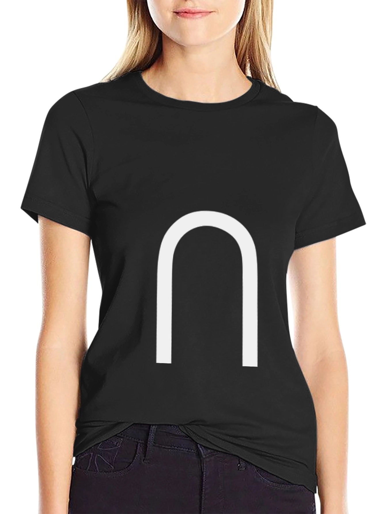 Black Minimalist Black Tee with White Horseshoe Design view 2