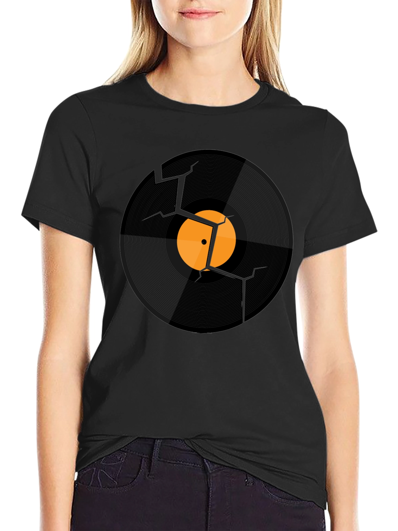 Black Cracked Vinyl Record Graphic T-Shirt - Vintage Music Tee view 2