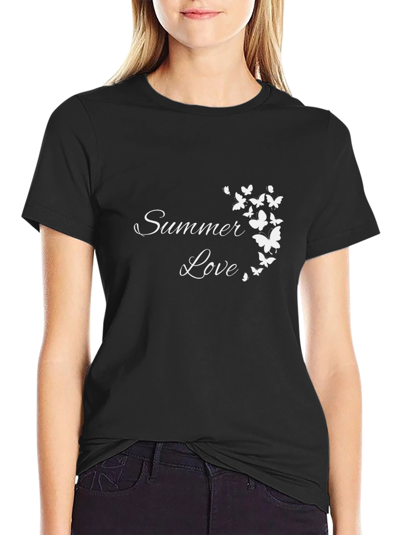 Black Summer Love Butterfly Graphic Black T-Shirt view 2
