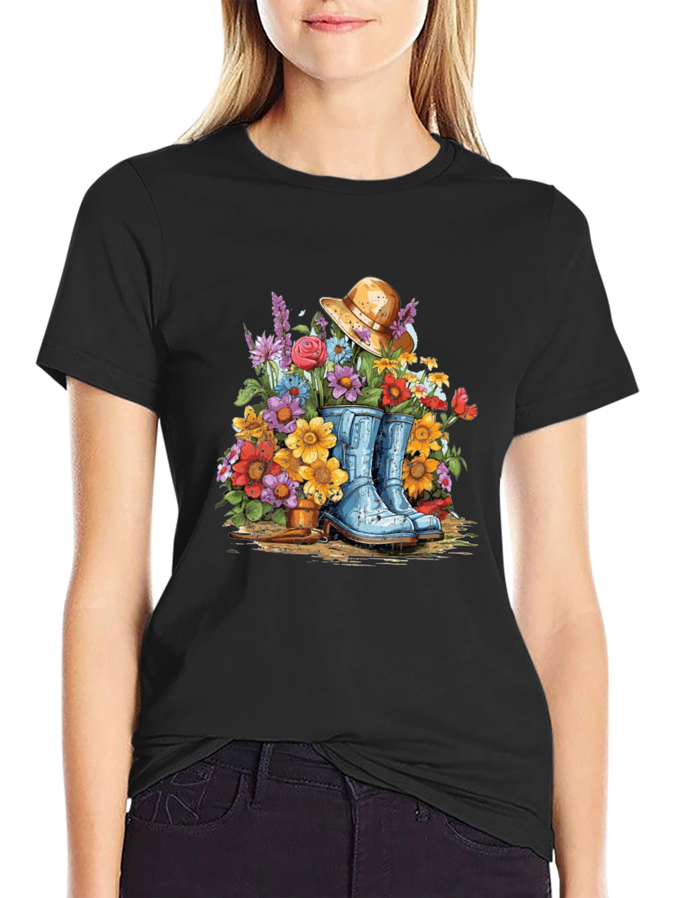 Black Floral Boot T-Shirt - Gardening Design view 2