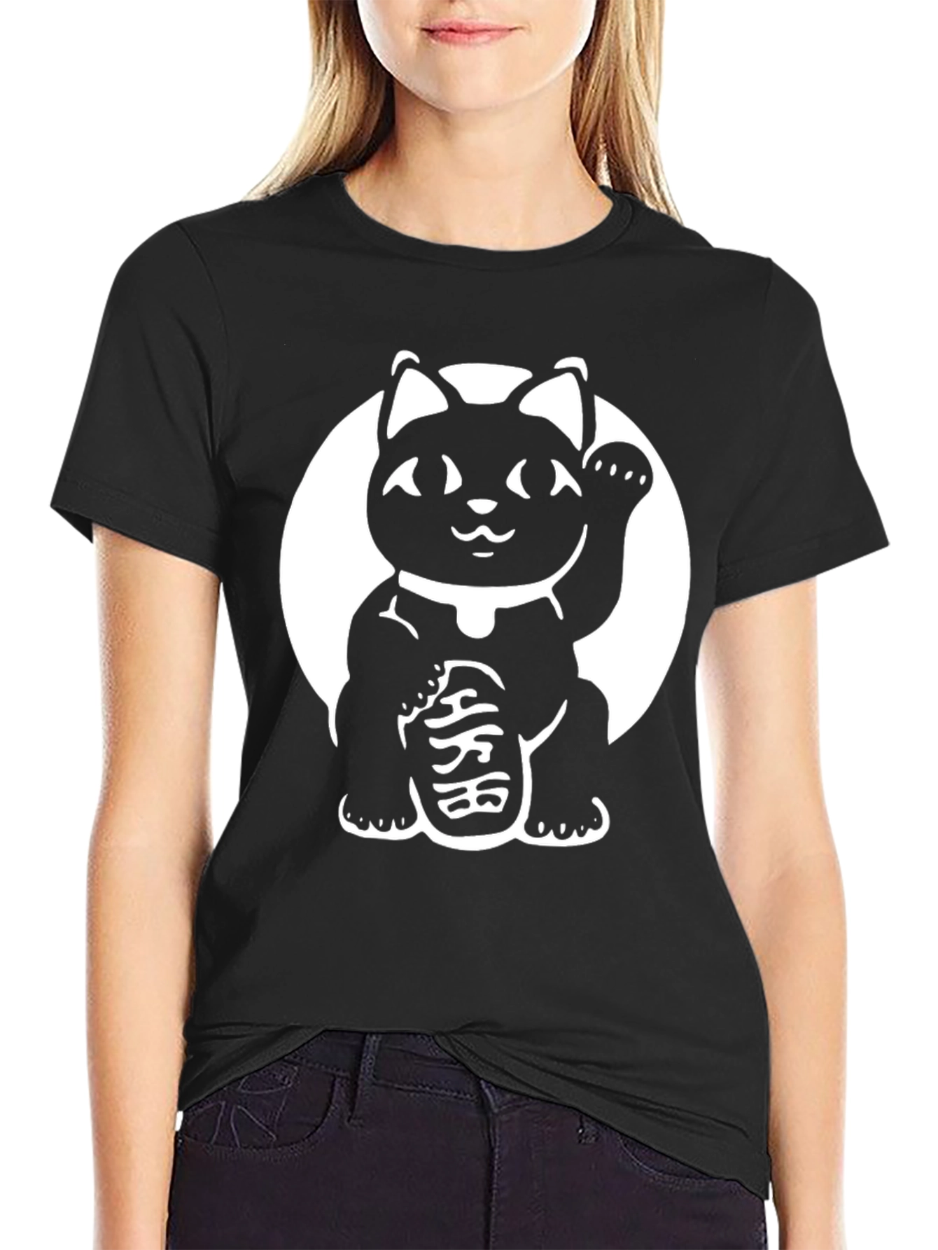 Black Lucky Cat Graphic Tee - Black Cotton Blend view 2