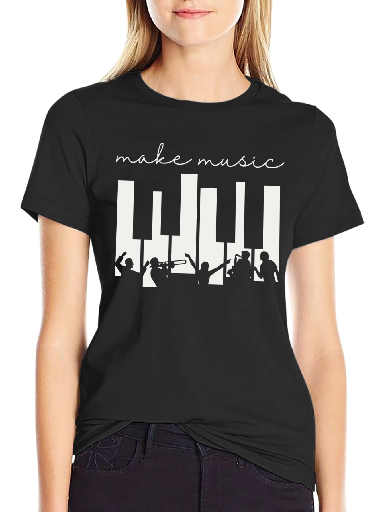 Black Make Music Black T-Shirt - Band Silhouette & Piano Keys Design view 2