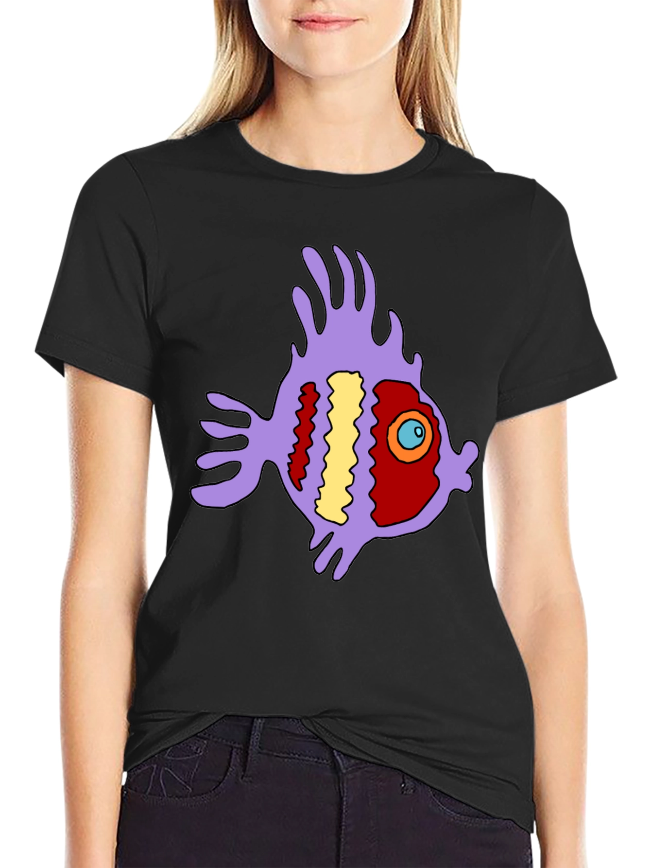 Black Funky Fish Graphic Tee - Black Cotton T-Shirt view 2