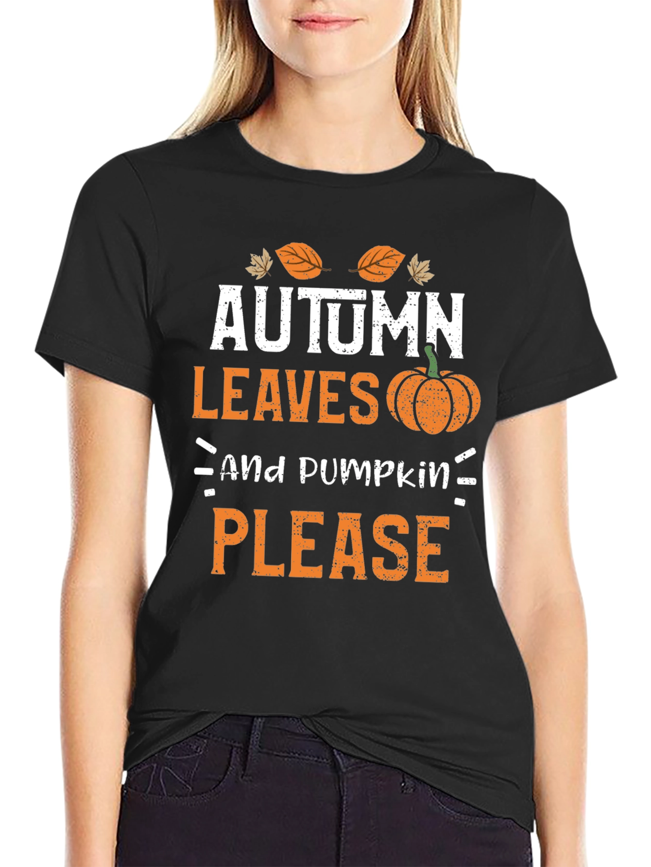 Black Autumn Leaves and Pumpkin Please T-Shirt view 2