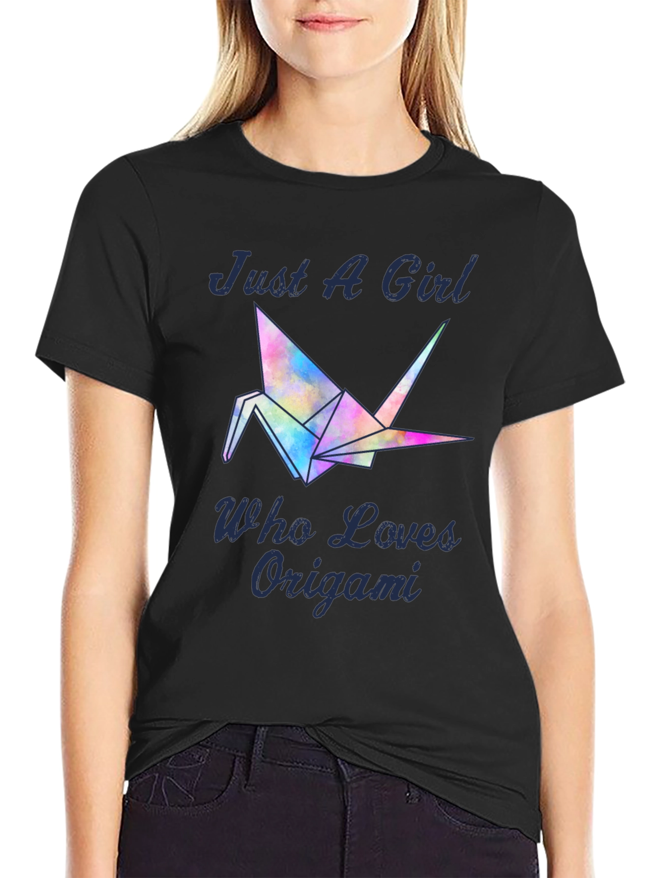 Black Just A Girl Who Loves Origami T-Shirt - Crane Design view 2
