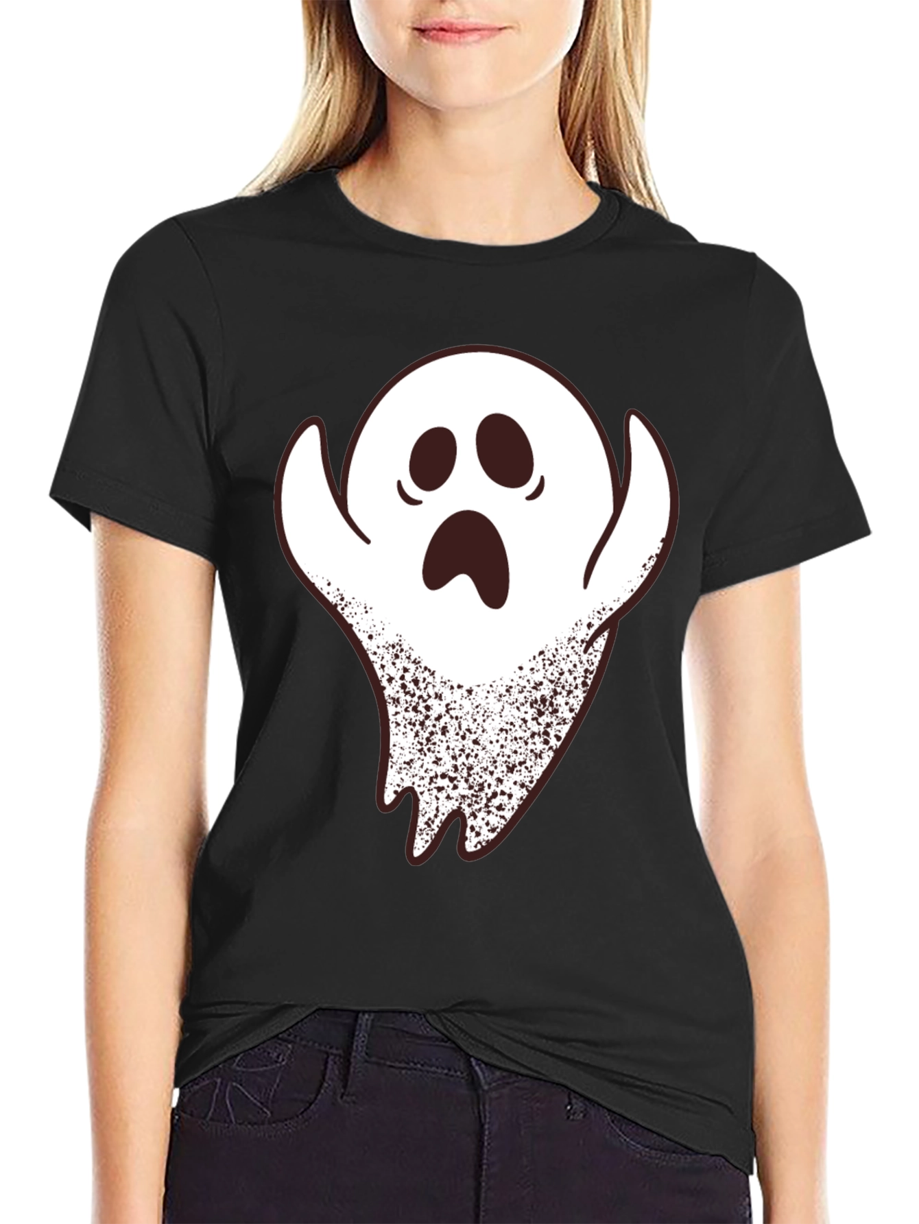 Black Spooky Ghost Graphic Print Black T-Shirt view 2