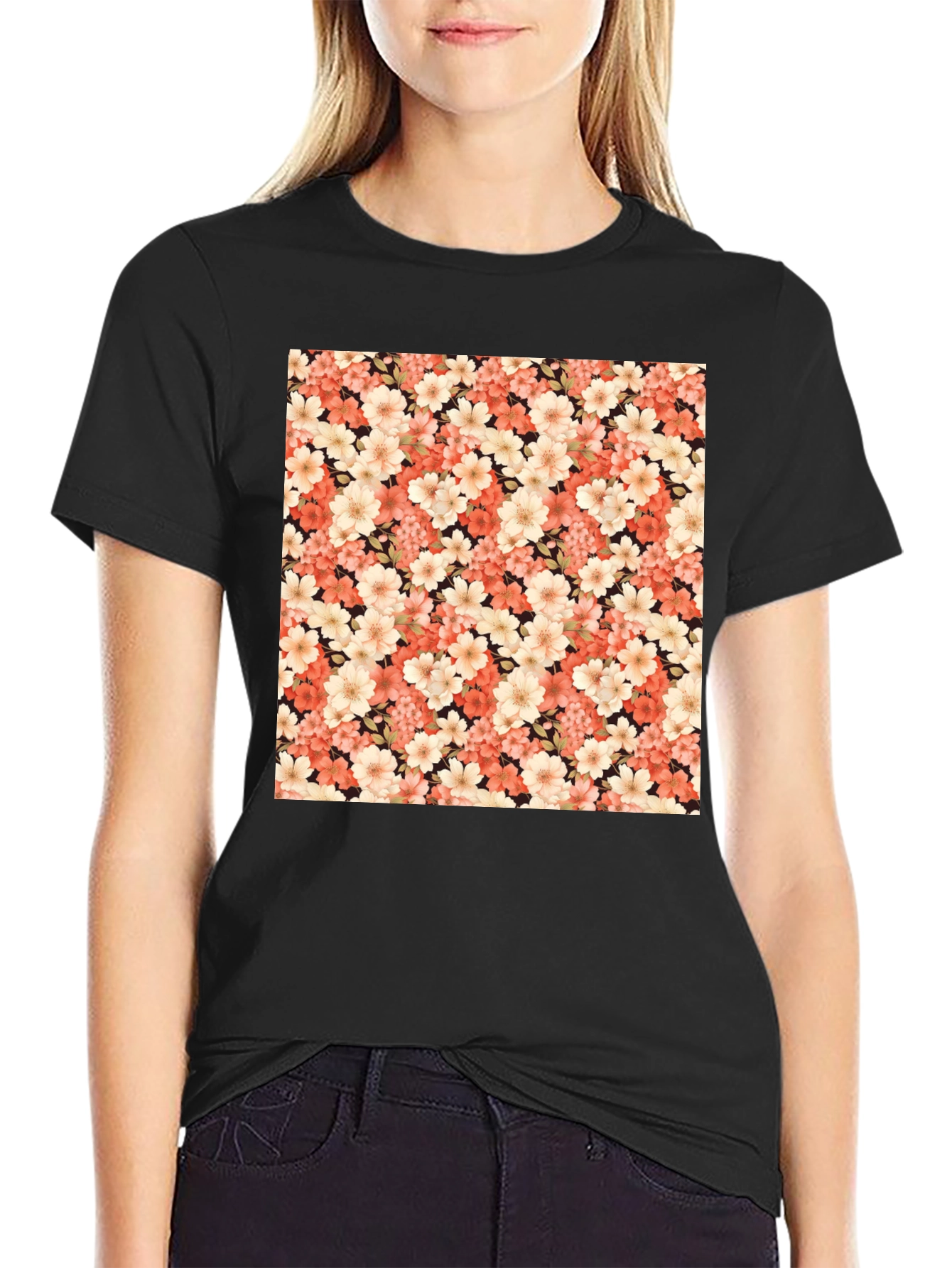 Black Floral Pattern Black T-Shirt view 2