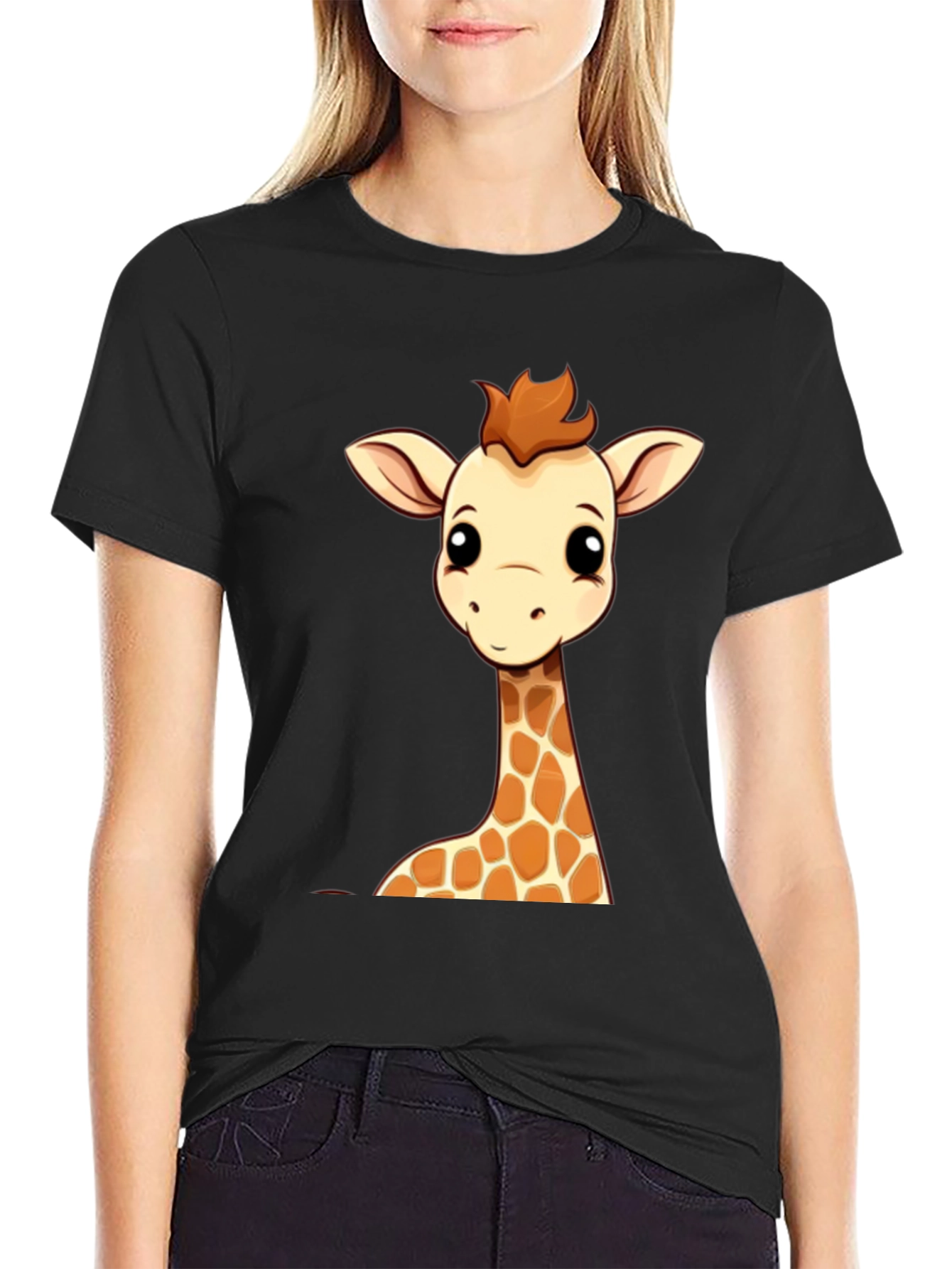 Black Giraffe Cartoon Graphic Print Black Tee view 2