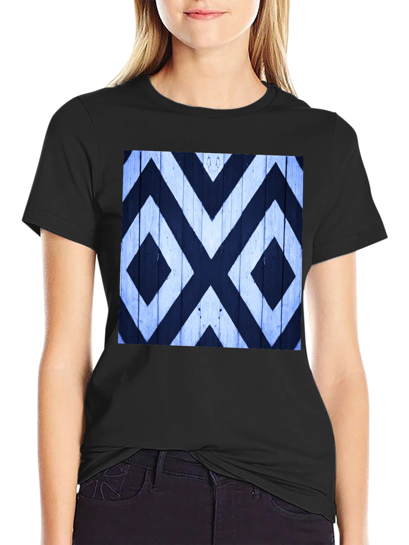 Black Geometric Pattern Tee - Black Cotton Casual Wear view 2