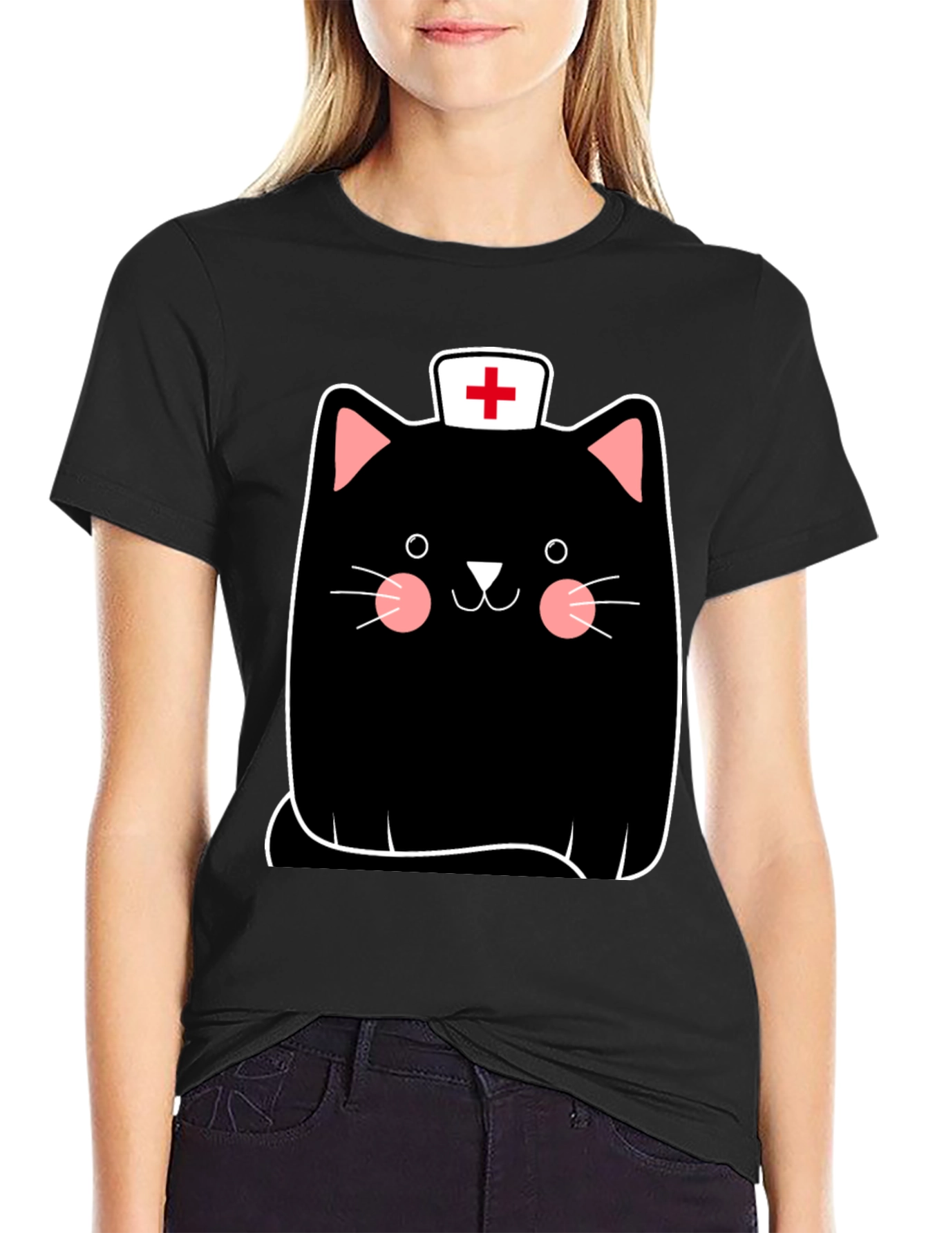 Black Nurse Cat Graphic Tee - Black Cotton T-Shirt view 2