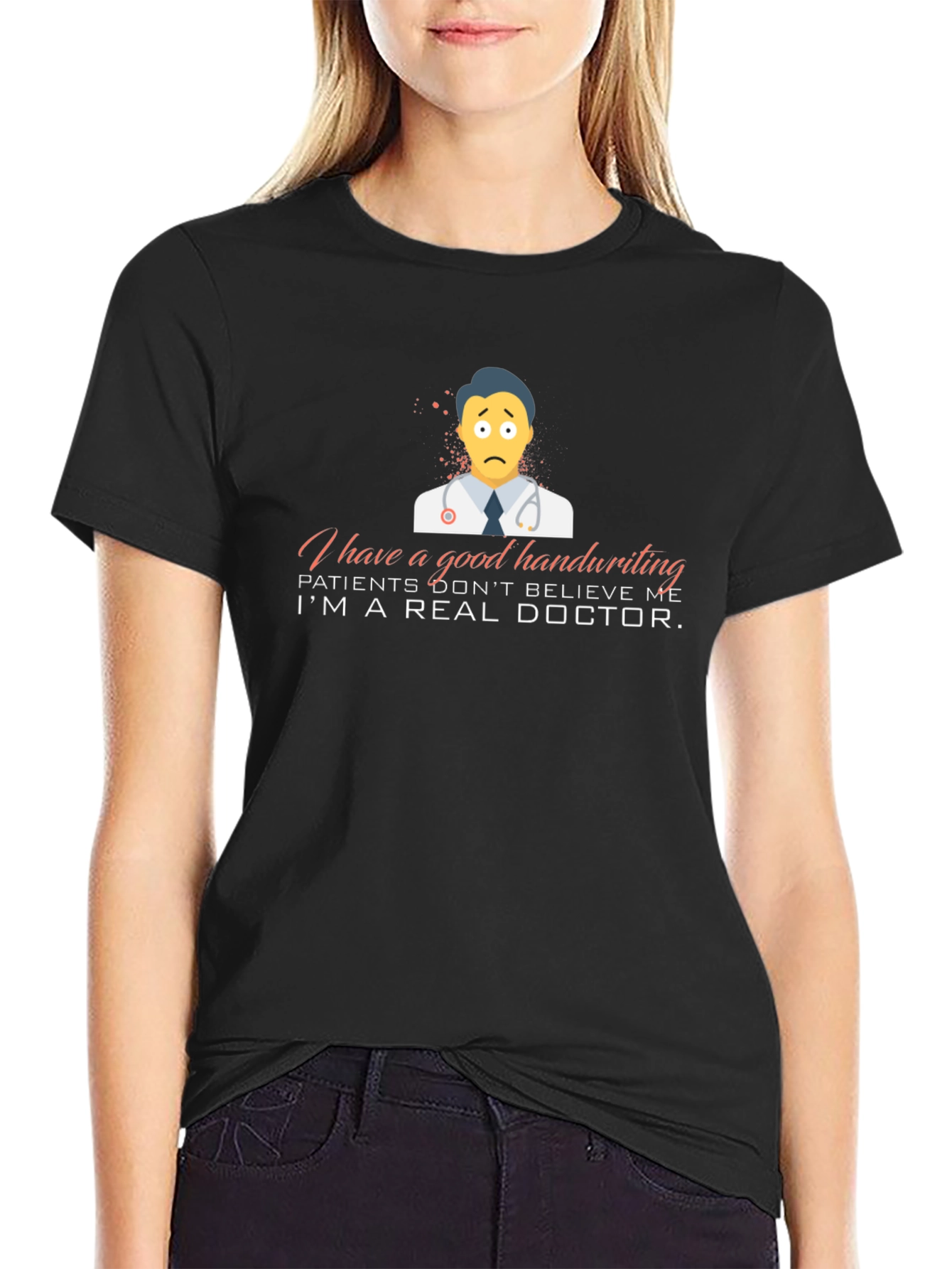 Black Funny Doctor T-Shirt - Good Handwriting view 2
