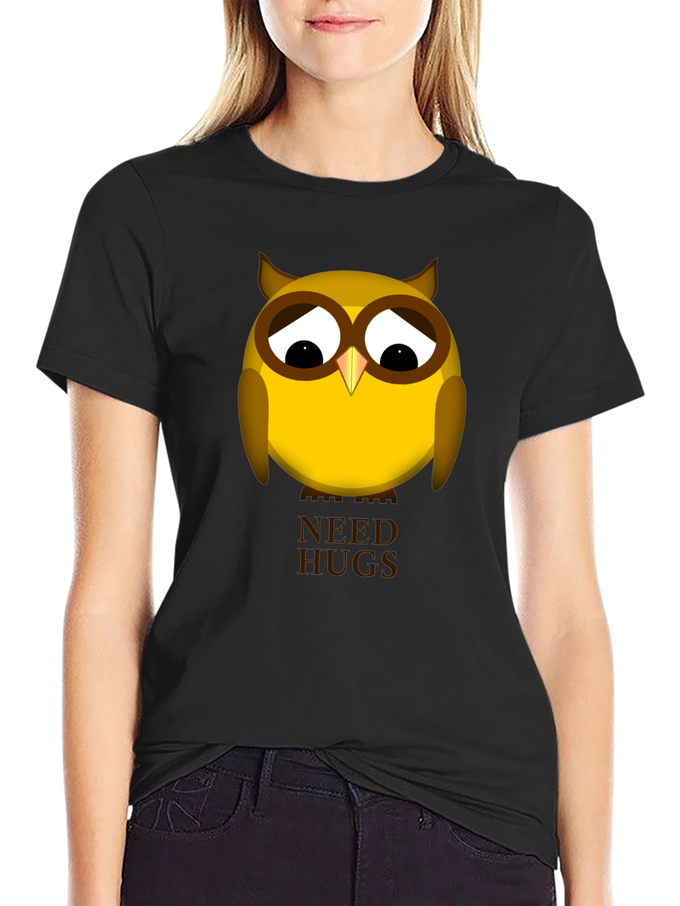 Black Sad Owl Needs Hugs Graphic T-Shirt - Unisex Black Tee view 2