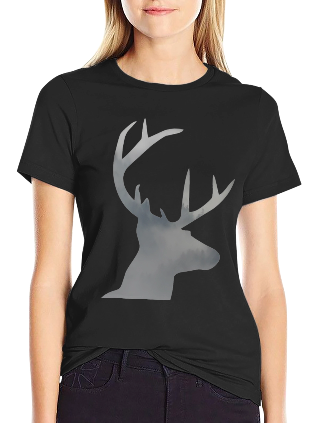 Black Men's Black T-Shirt with Stag Silhouette Graphic view 2