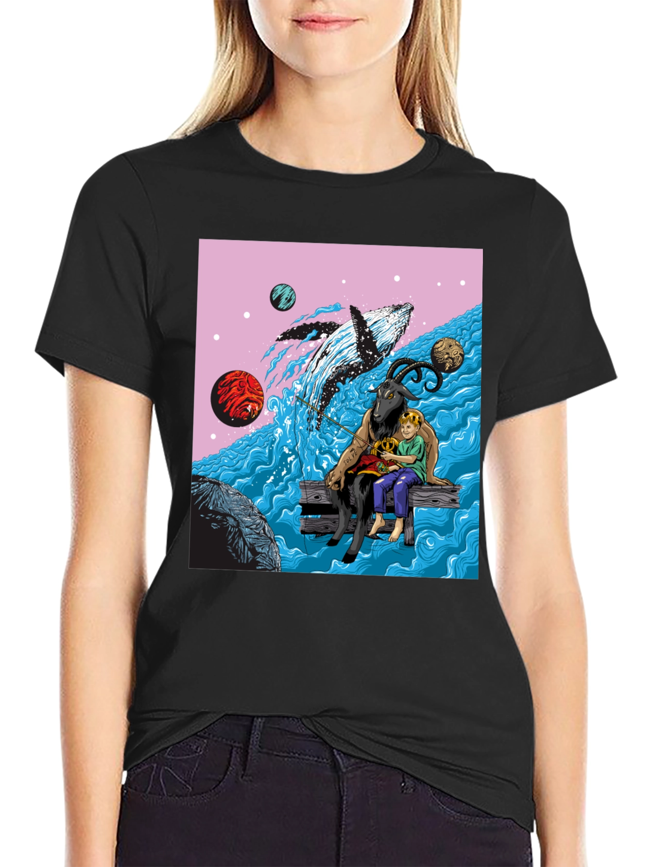 Black Whimsical Goat, Boy, and Whale Graphic Tee view 2