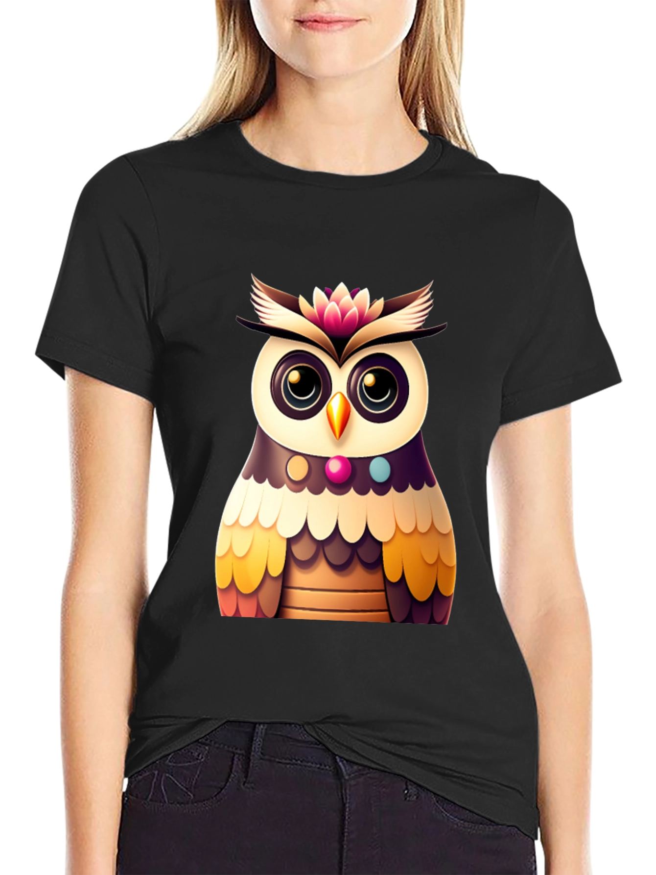 Black Cute Owl Graphic Tee - Black Casual T-Shirt view 2