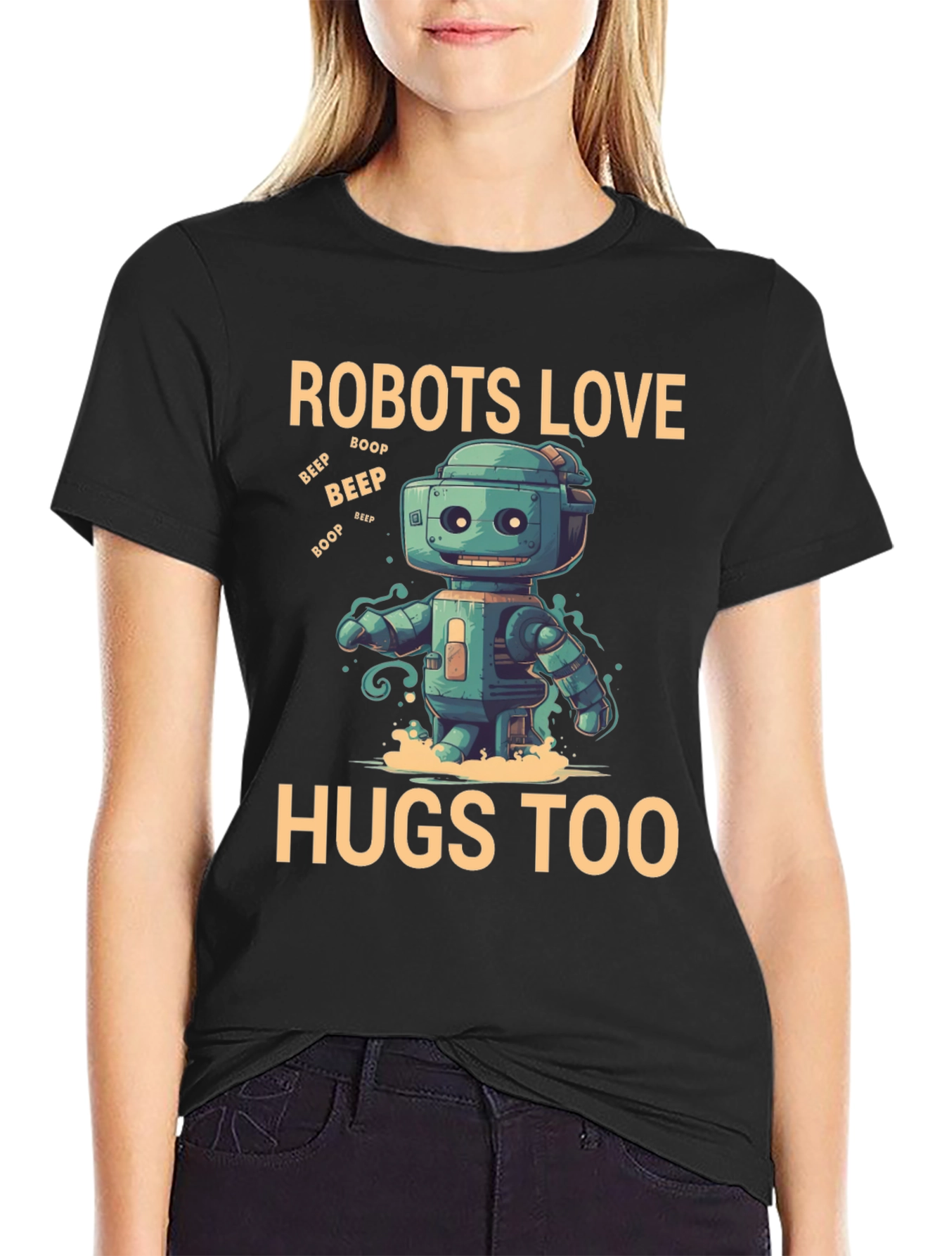 Black Robots Love Hugs Too T-Shirt, Graphic Tee view 2