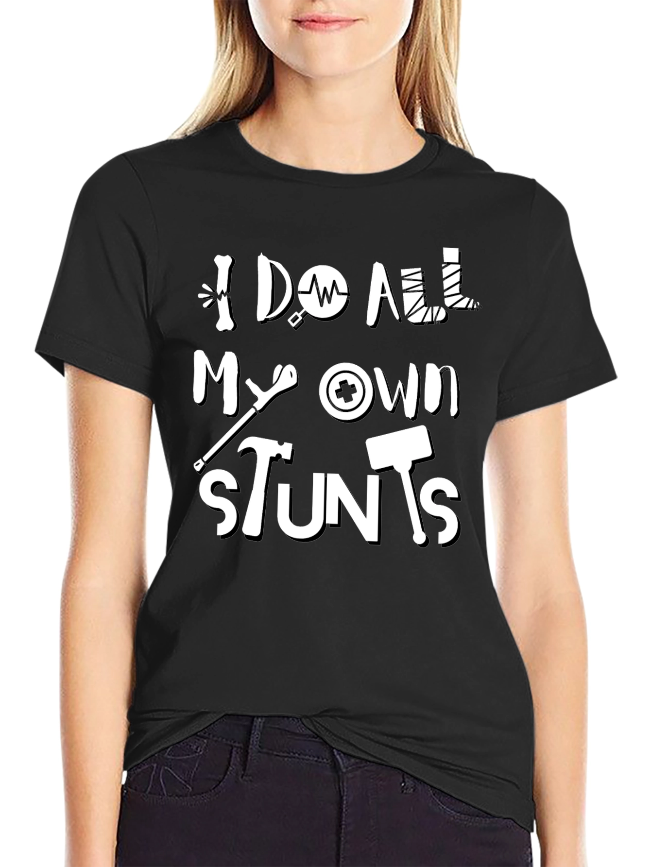 Black I Do All My Own Stunts Funny Graphic Tee view 2
