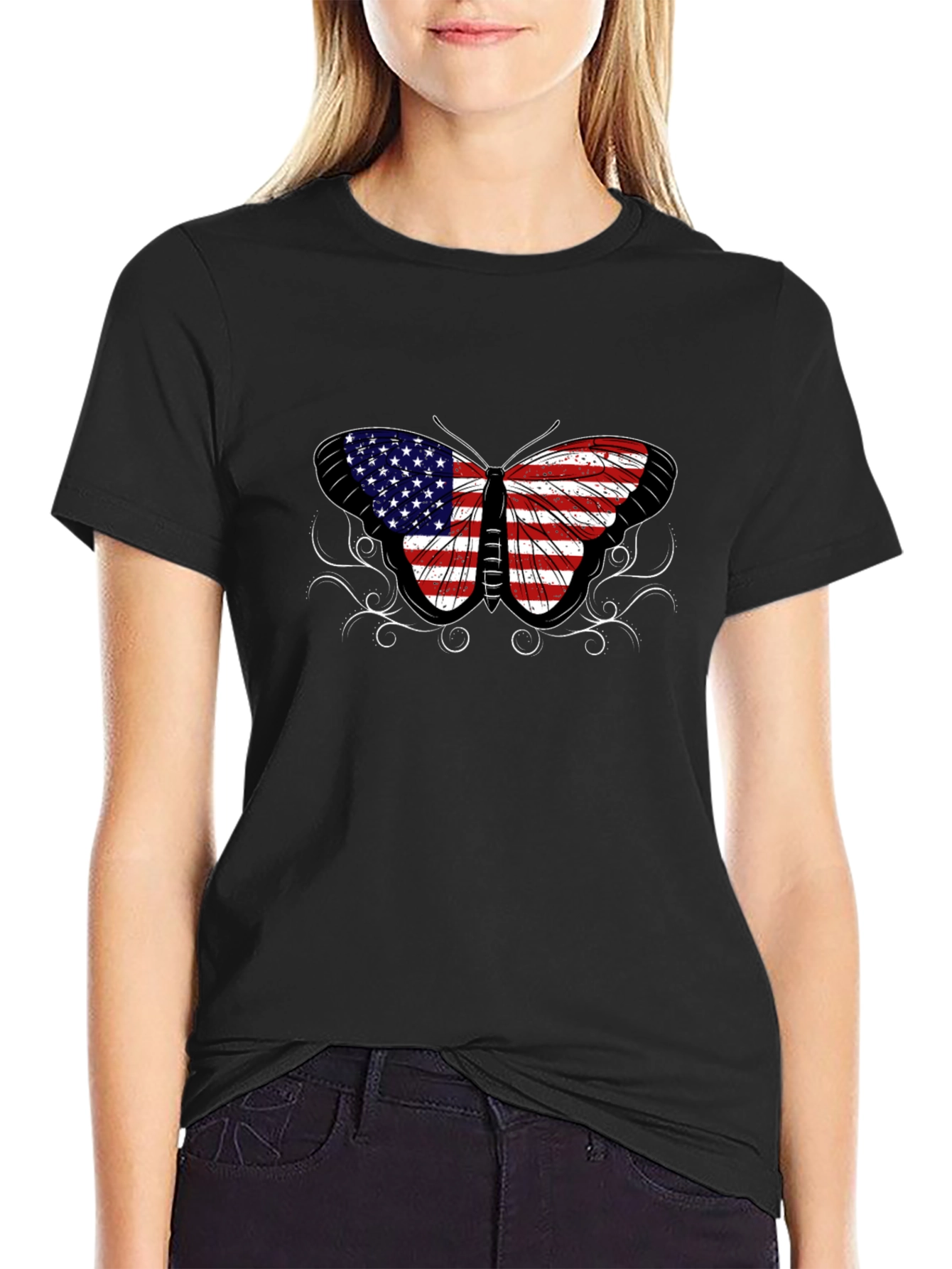 Black American Flag Butterfly Graphic T-Shirt view 2