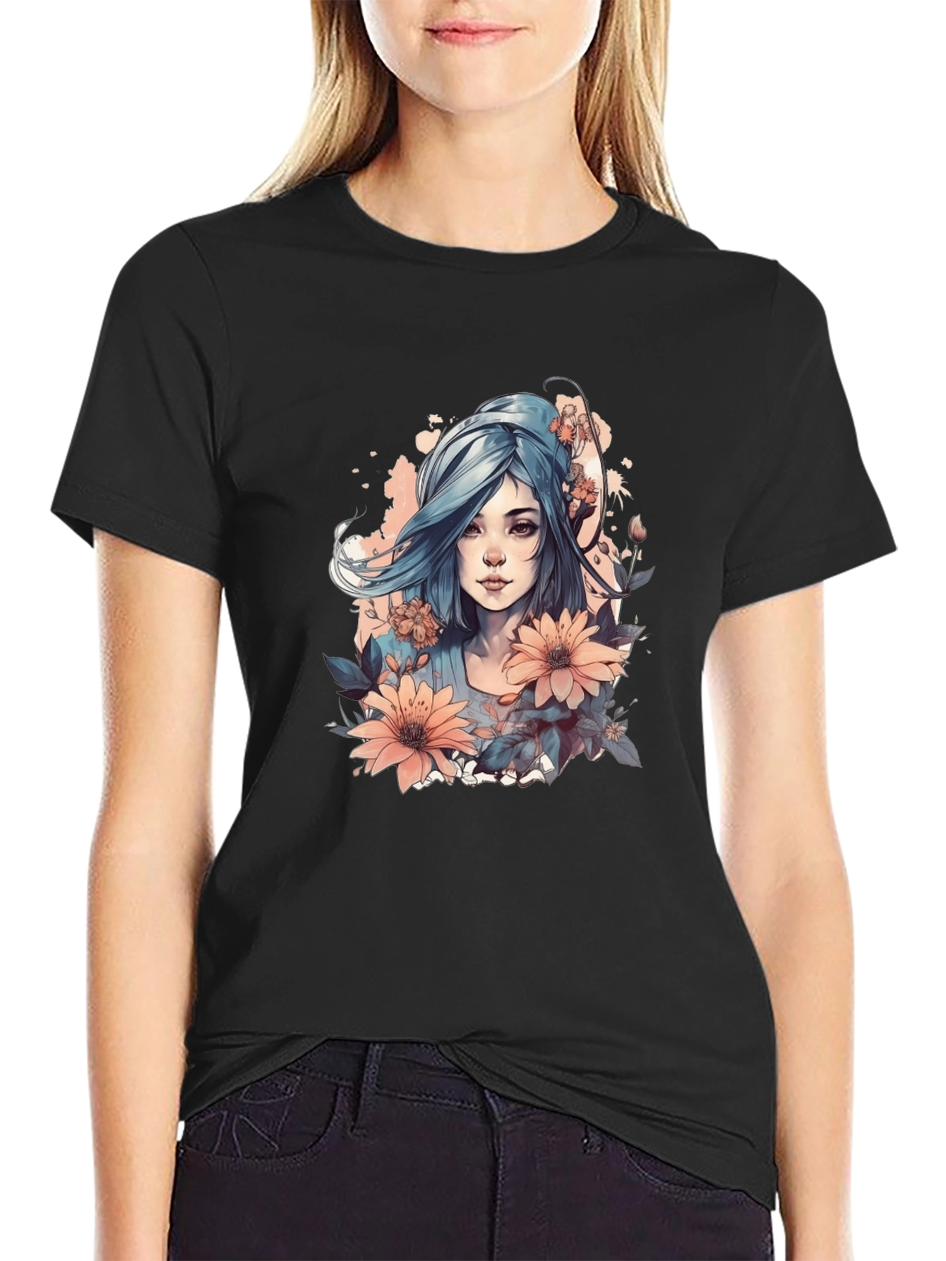 Black Floral Woman Graphic Tee - Stylish and Unique Design view 2