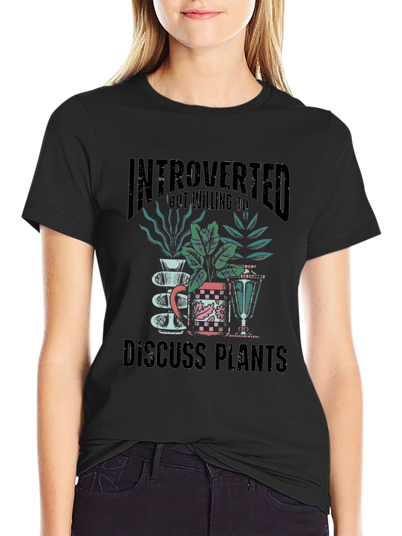 Black Introverted Discuss Plants Graphic T-Shirt view 2