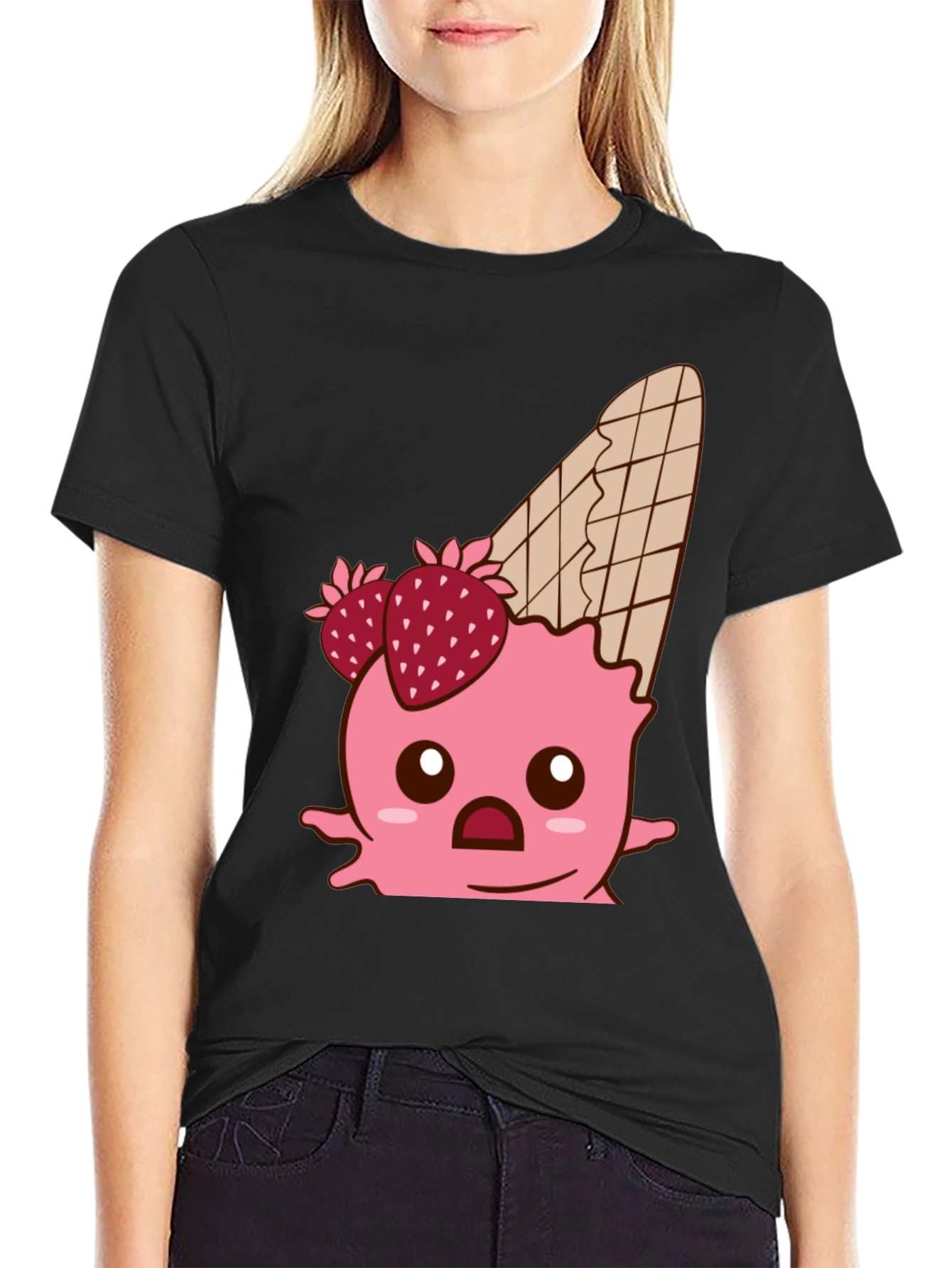 Black Kawaii Strawberry Ice Cream Cone Graphic Tee view 2