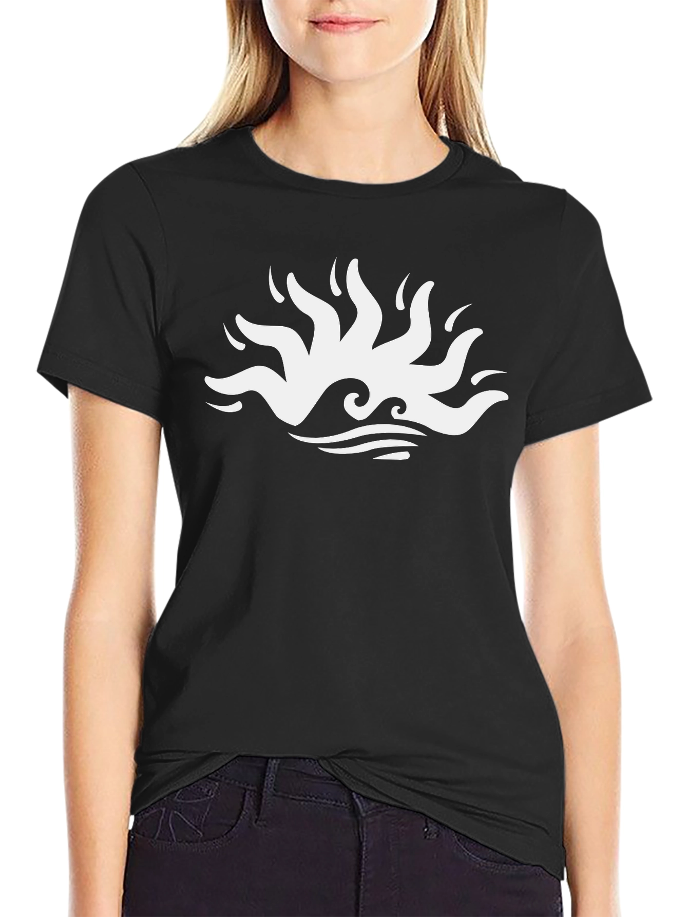 Black Black T-Shirt with Abstract Wave and Sun Design view 2