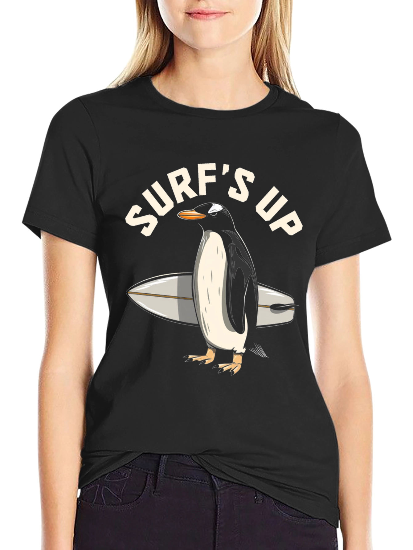 Black Surf's Up Penguin Graphic T-Shirt view 2