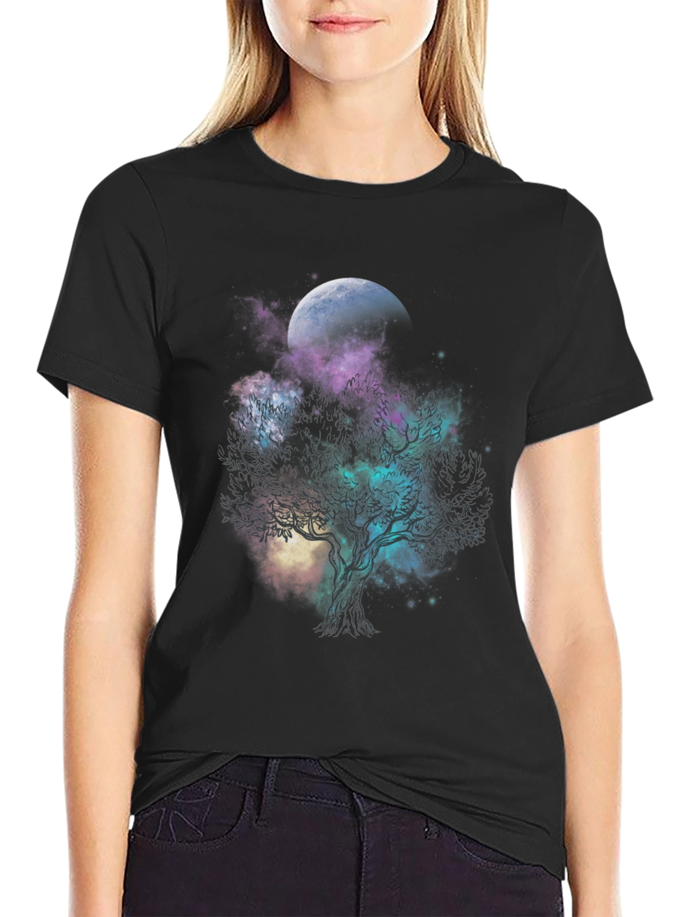 Black Celestial Tree Graphic T-Shirt - Black Cotton Tee view 2