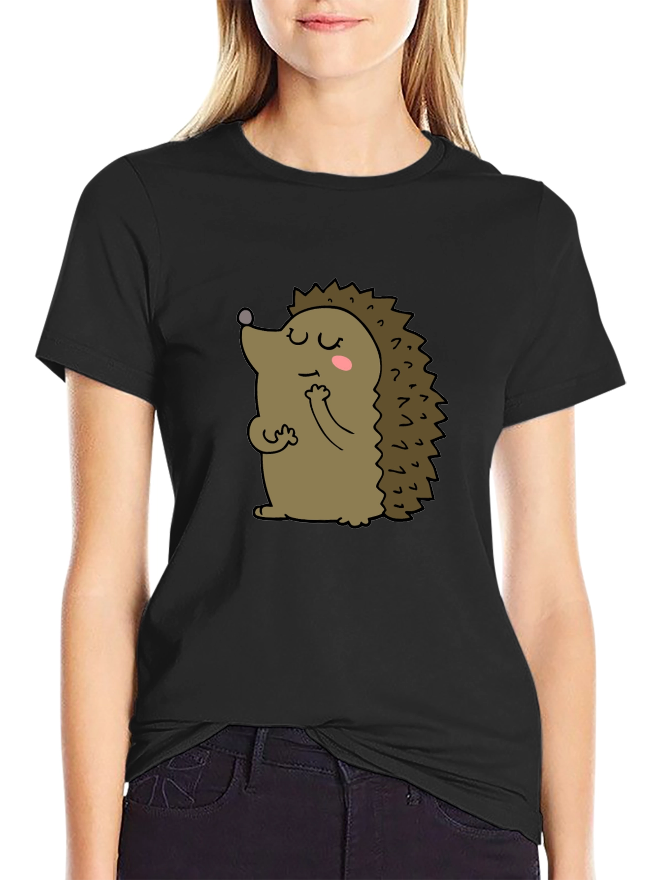 Black Cute Hedgehog Graphic Tee - Unisex Black T-Shirt view 2