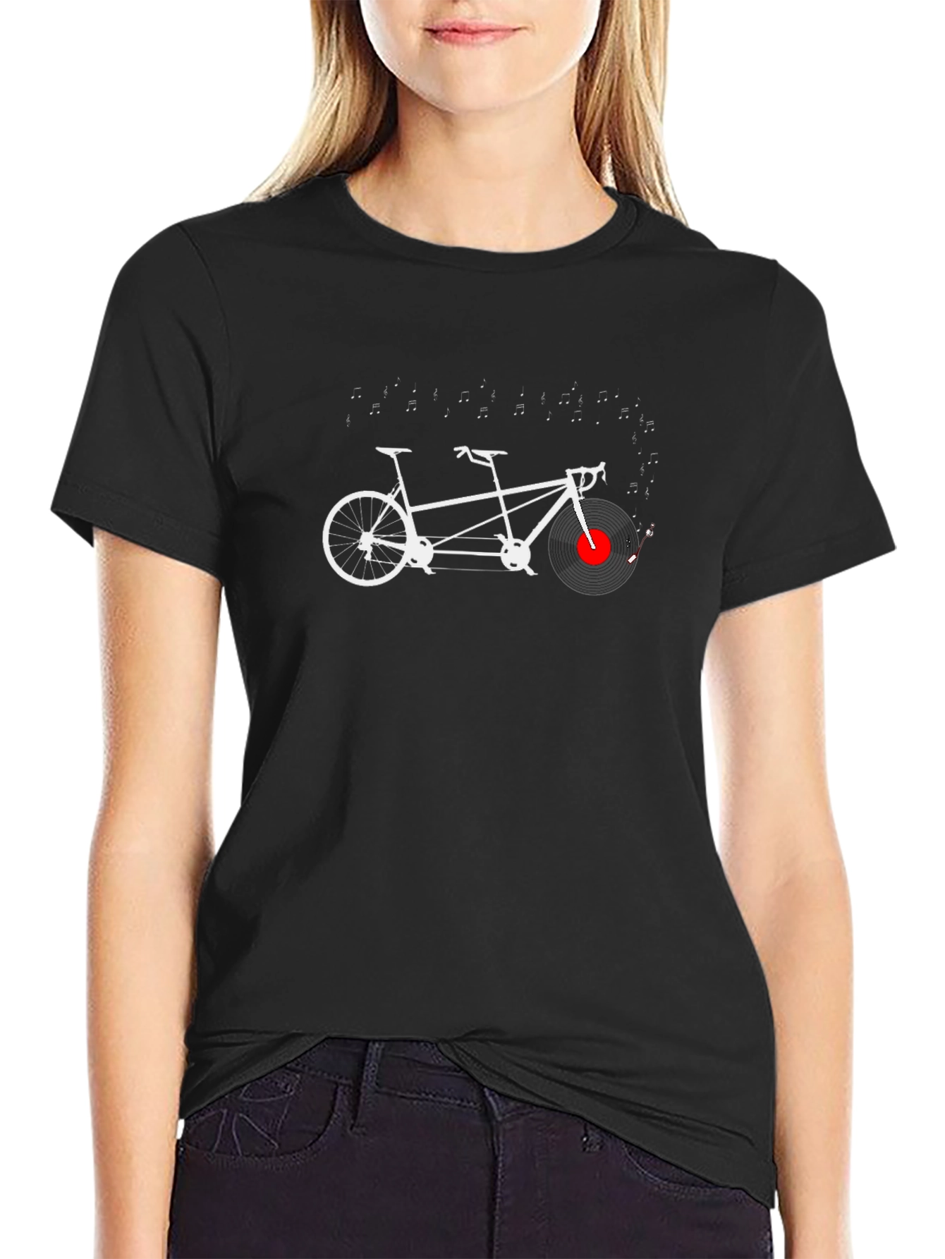 Tandem Bicycle Vinyl Record Music Note Graphic Tee - 2